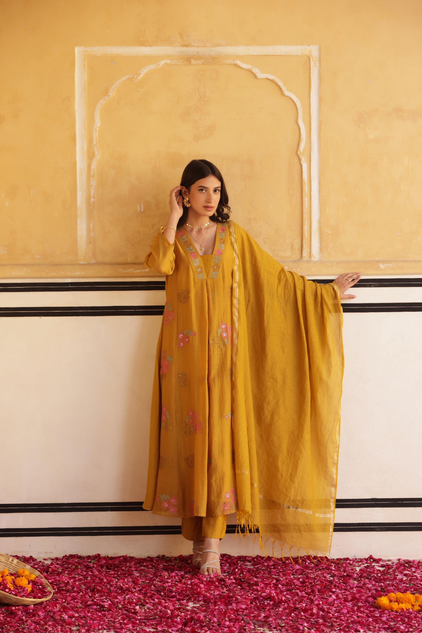 Mustard Mul Chanderi Kurta Set