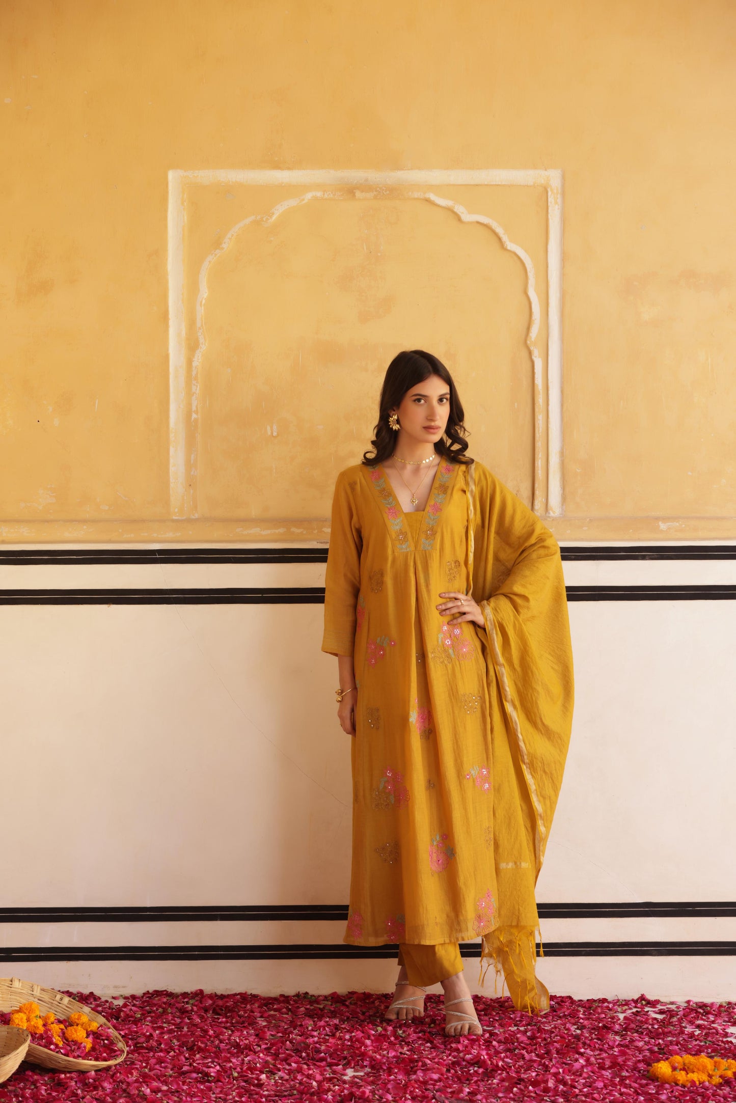 Mustard Mul Chanderi Kurta Set