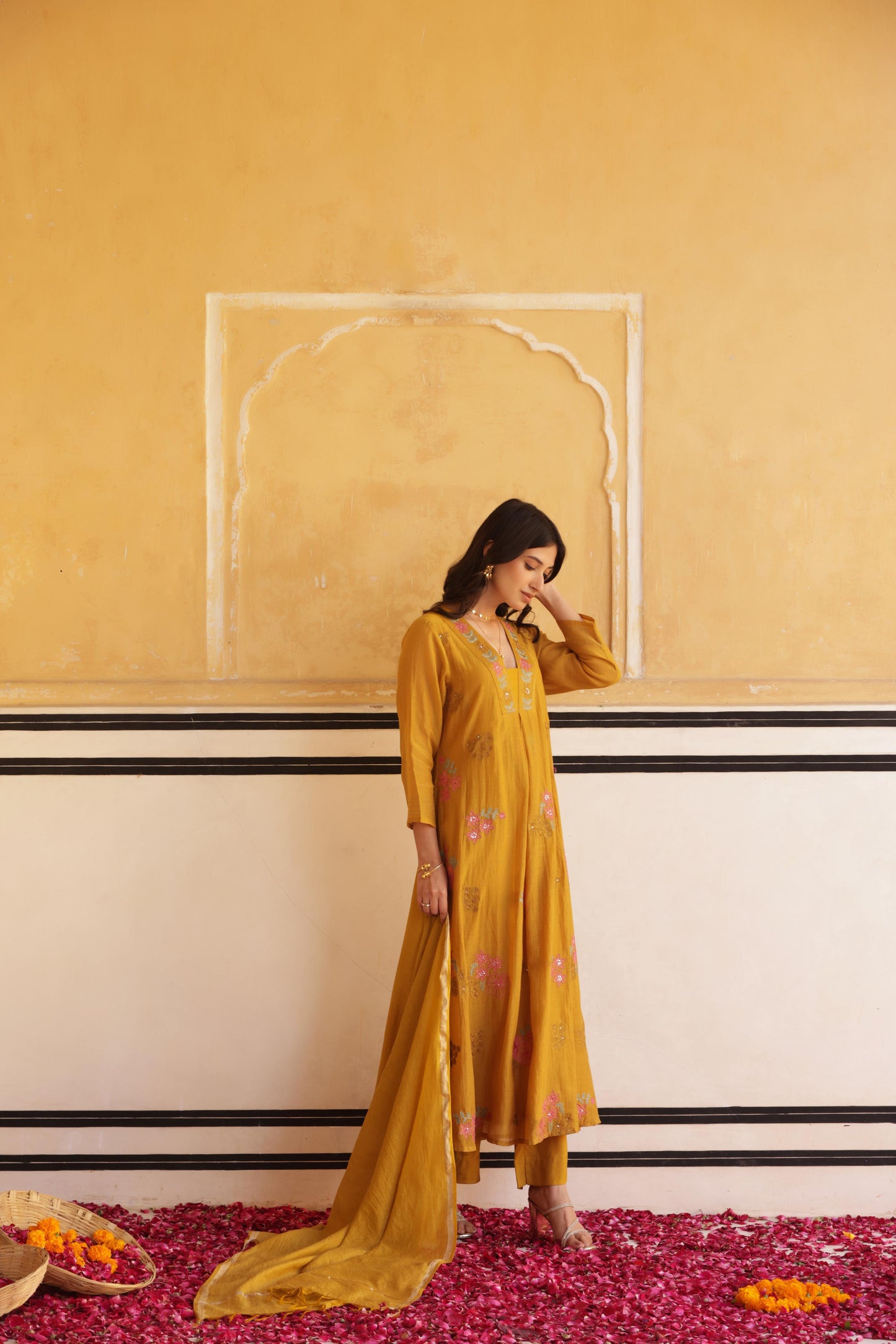 Mustard Mul Chanderi Kurta Set