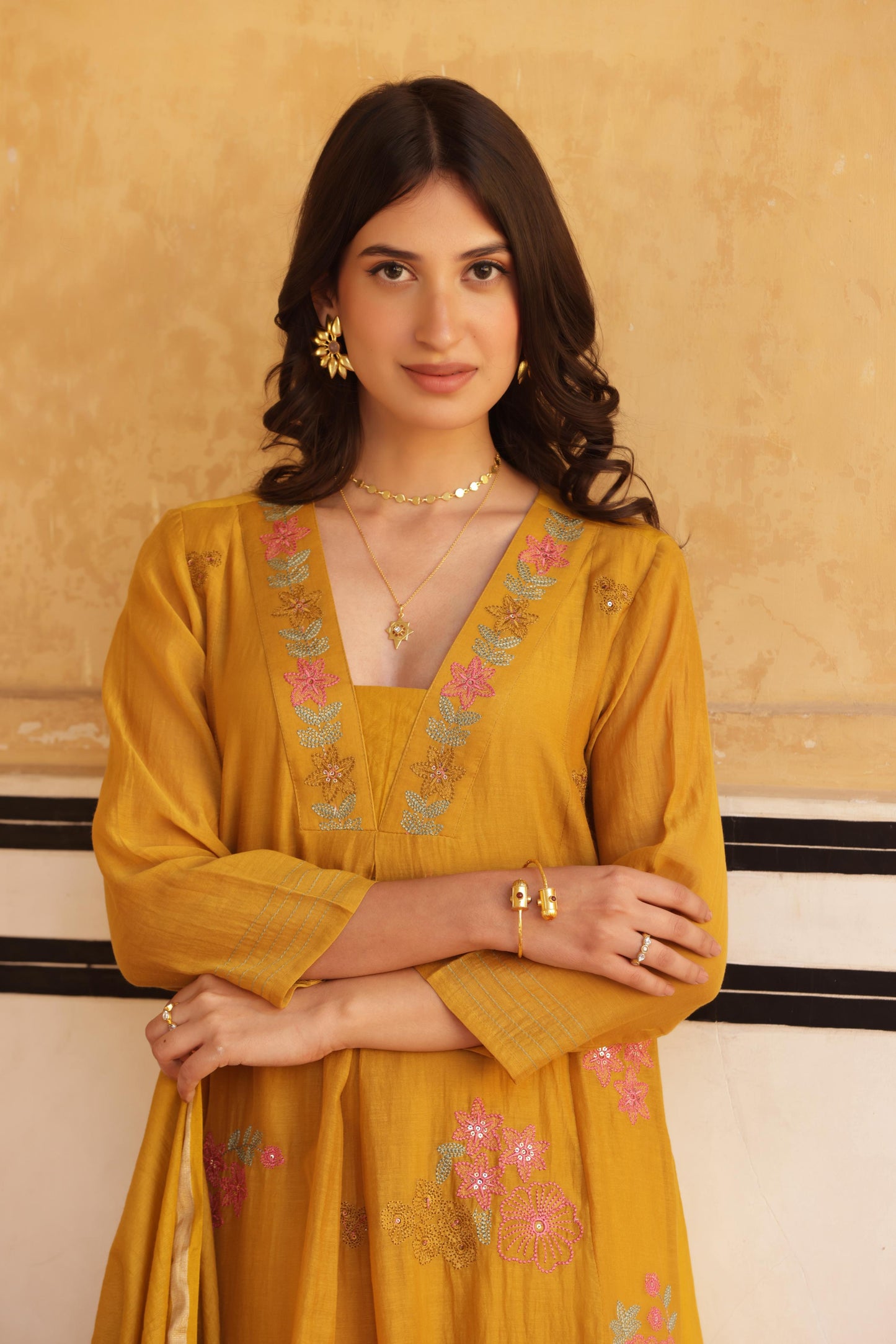 Mustard Mul Chanderi Kurta Set