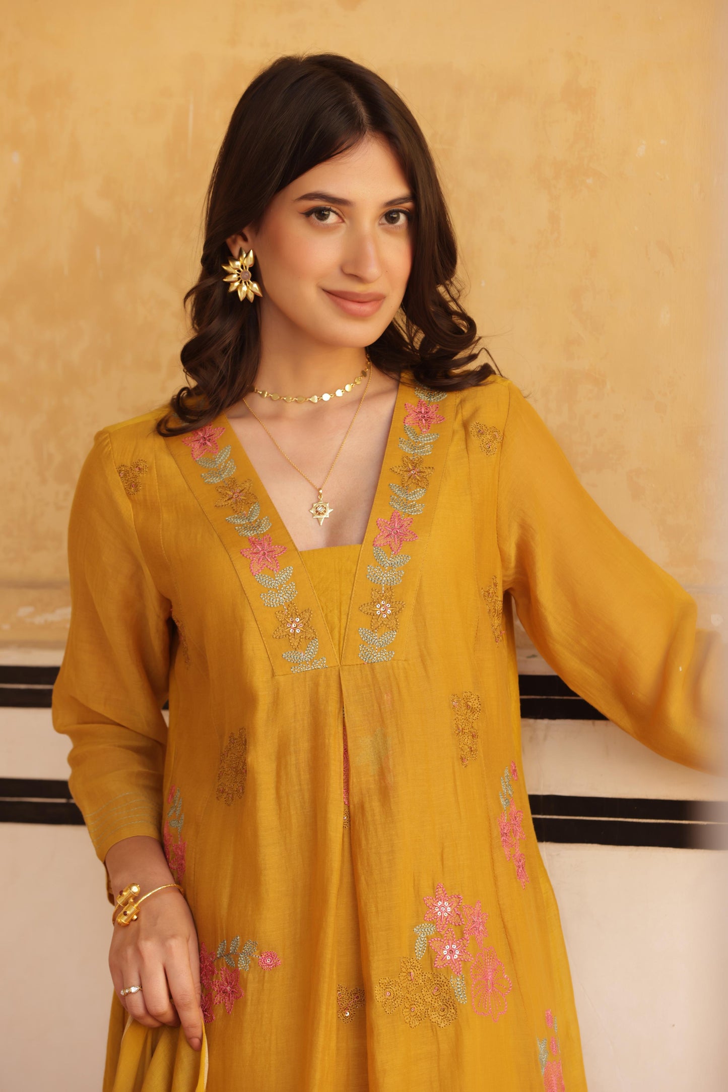 Mustard Mul Chanderi Kurta Set