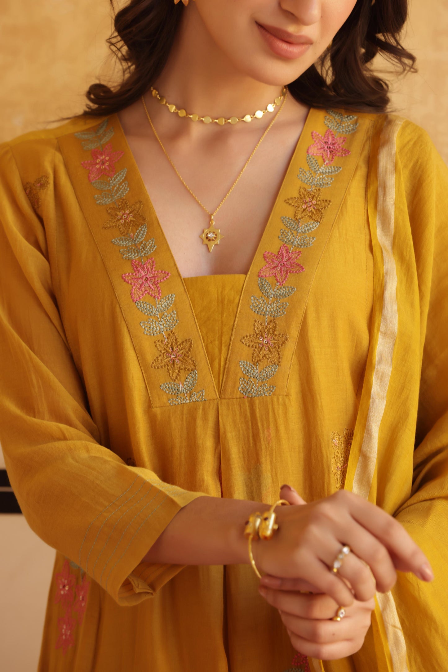 Mustard Mul Chanderi Kurta Set
