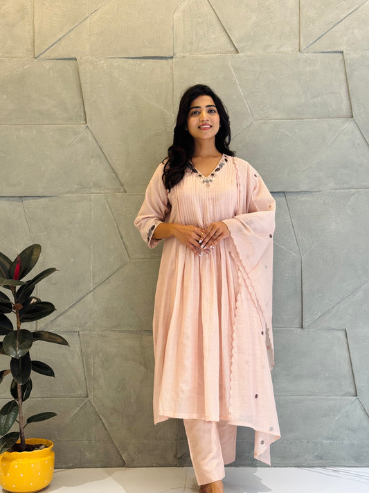 Blush Pink Mul Chanderi Embroidered Kurta Set