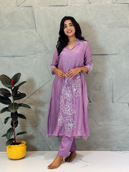 Lavender Mul Chanderi Embroidered Coord Set