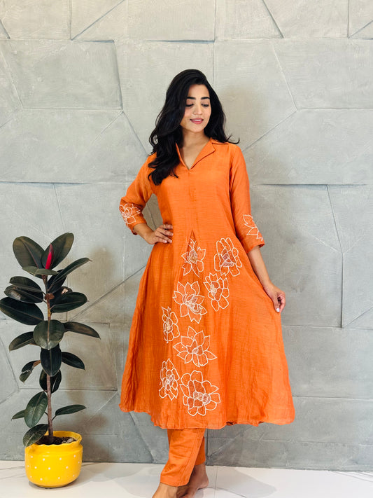 Rust Orange Mul Chanderi Coord Set