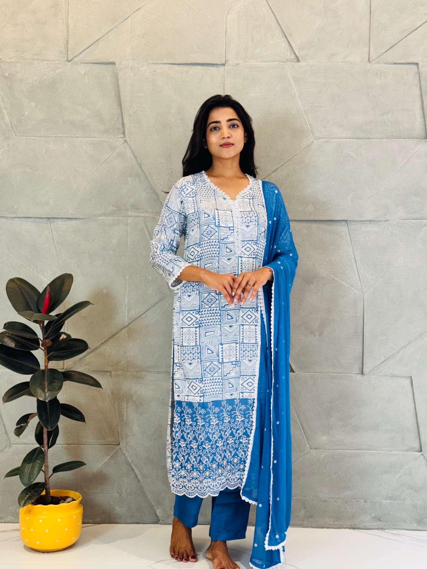 Blue And White Muslin Chikankari Suit