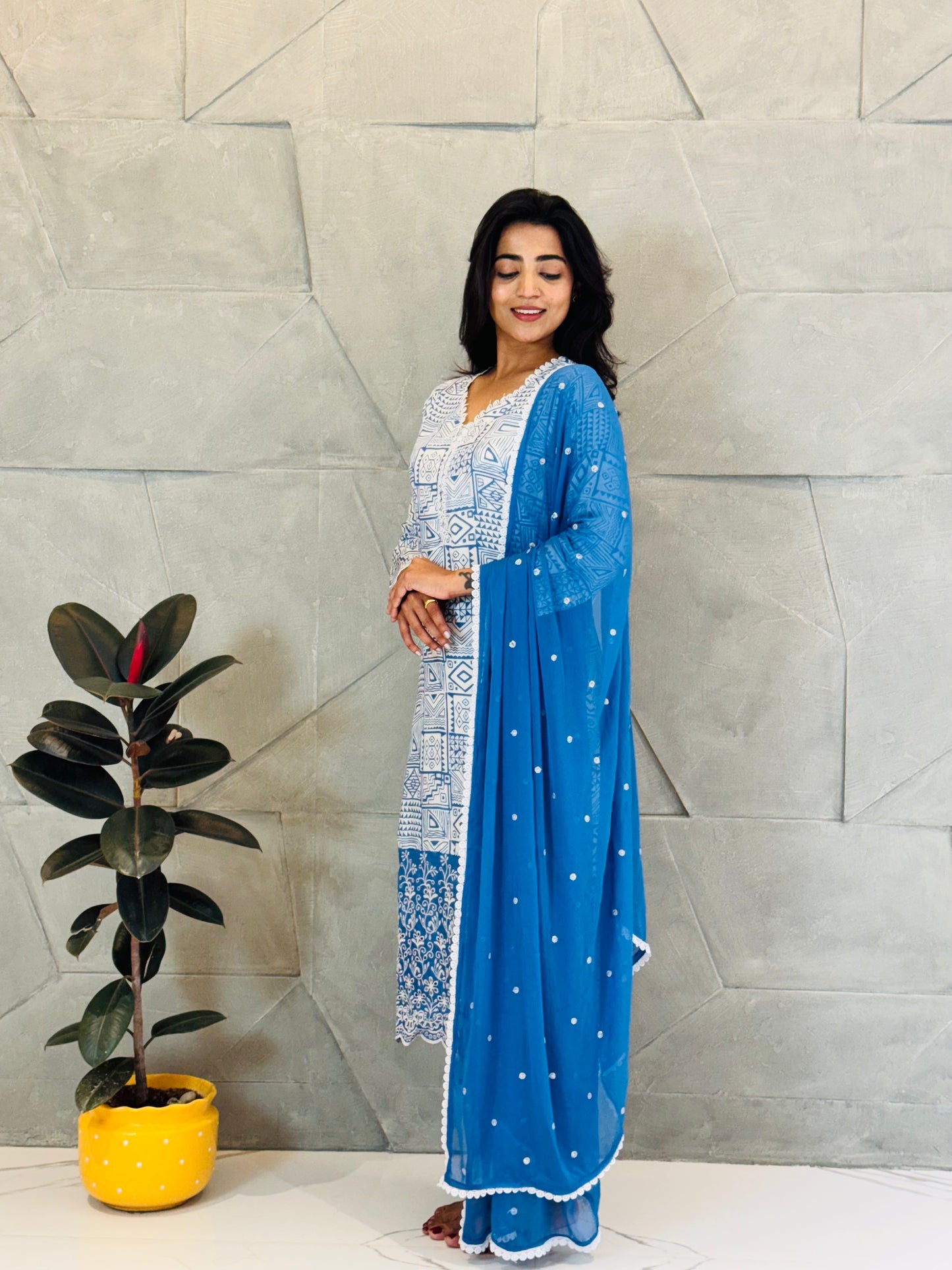 Blue And White Muslin Chikankari Suit