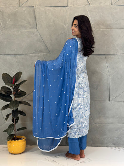 Blue And White Muslin Chikankari Suit