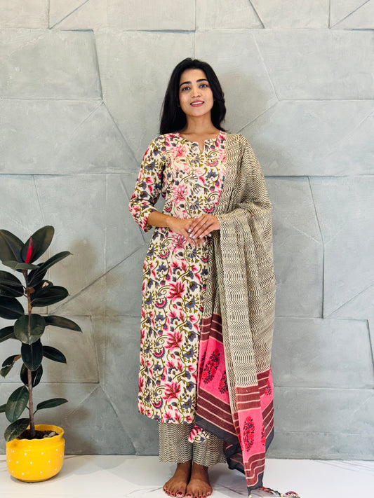 Cream Multicolor Gota Patti Cotton Suit