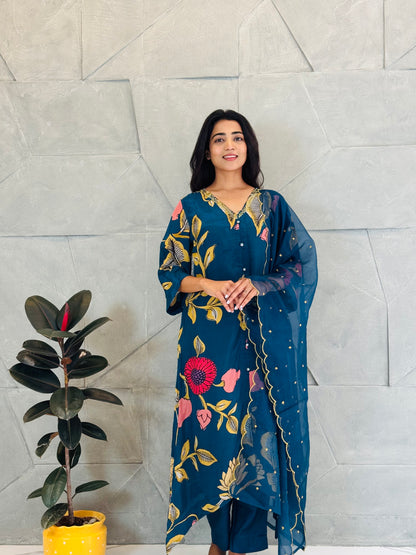 Teal Kalamkari Crepe Suit