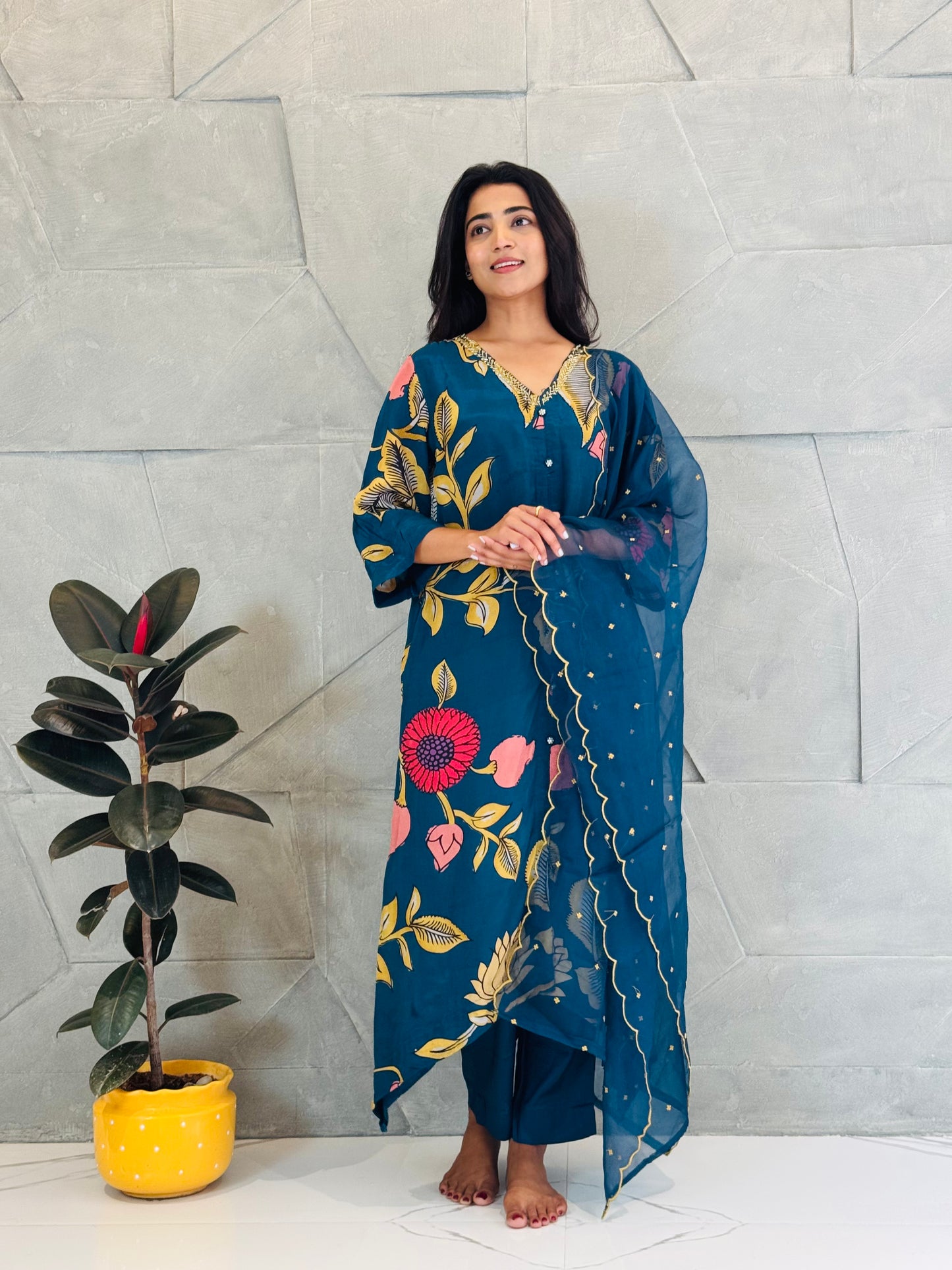 Teal Kalamkari Crepe Suit