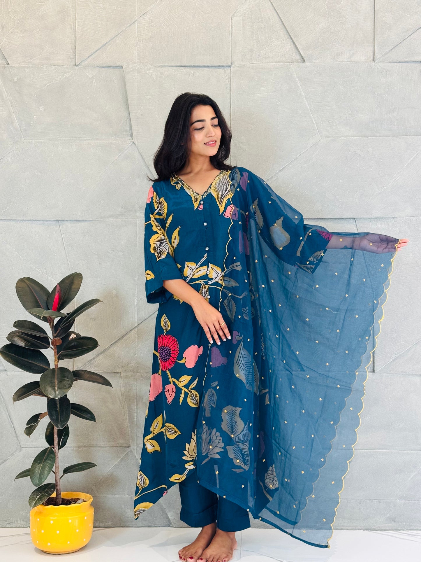 Teal Kalamkari Crepe Suit