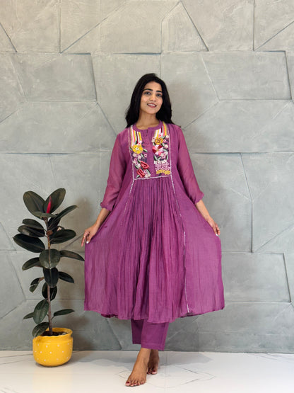 Plum Purple Embroidered Mul Chanderi Kurta Set