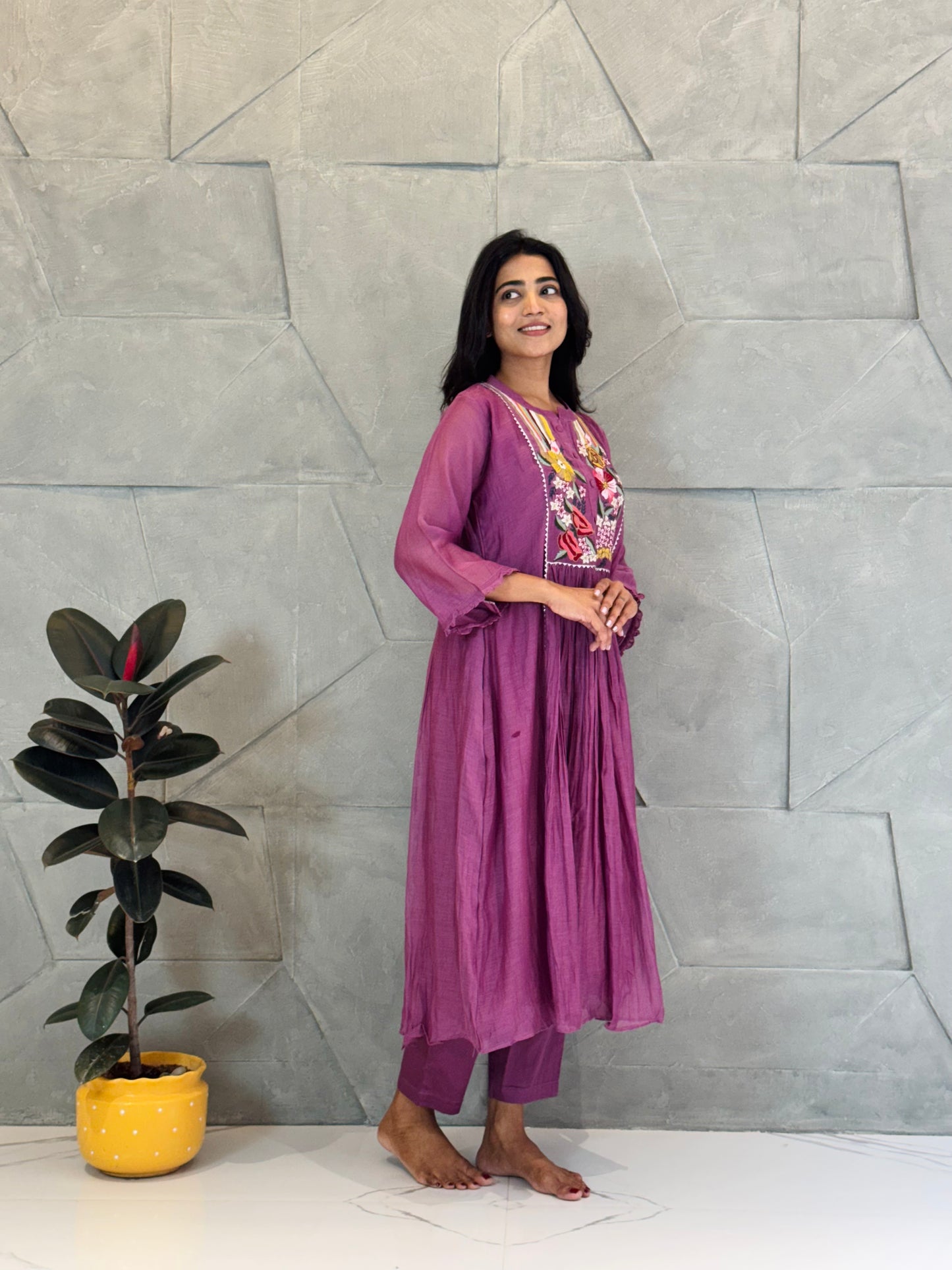 Plum Purple Embroidered Mul Chanderi Kurta Set