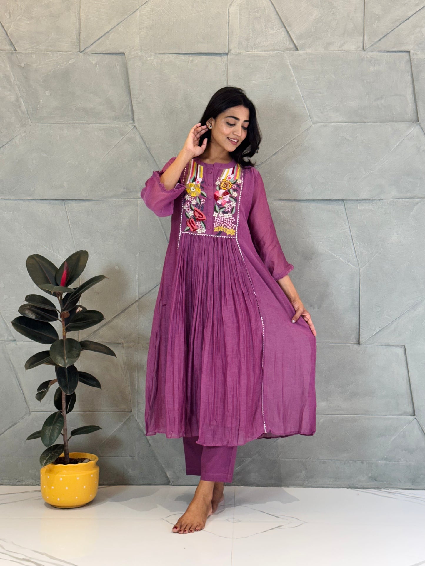 Plum Purple Embroidered Mul Chanderi Kurta Set