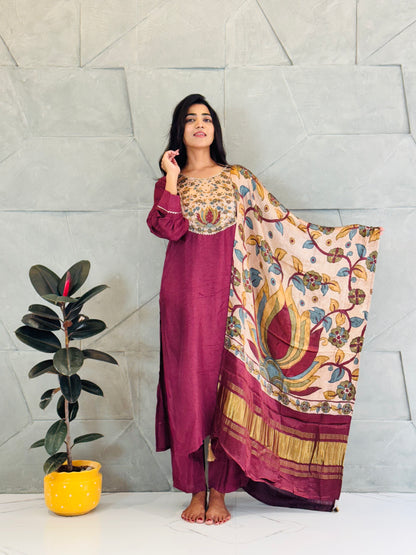 Wine Kalamkari Printed Suit