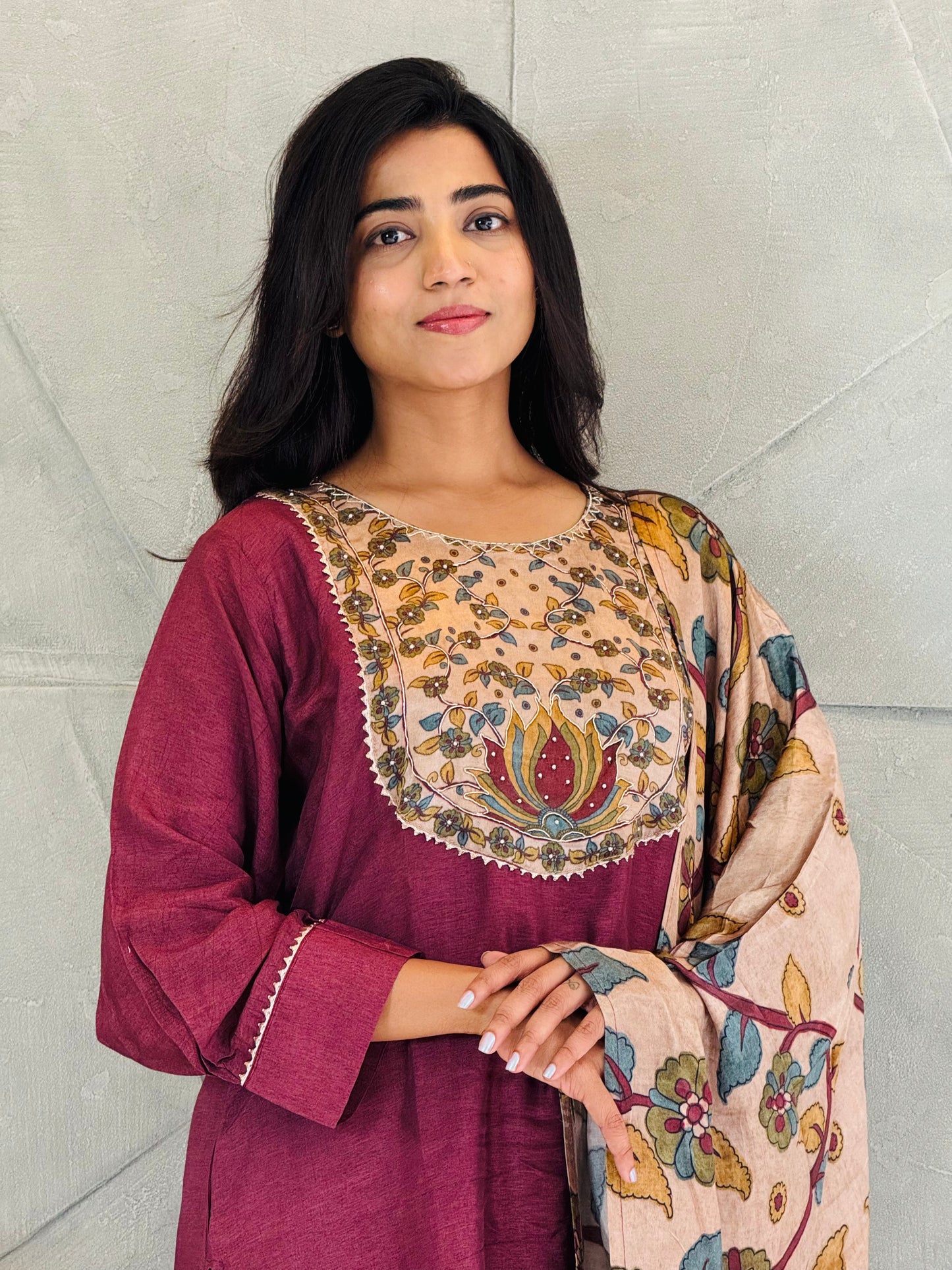 Wine Kalamkari Printed Suit