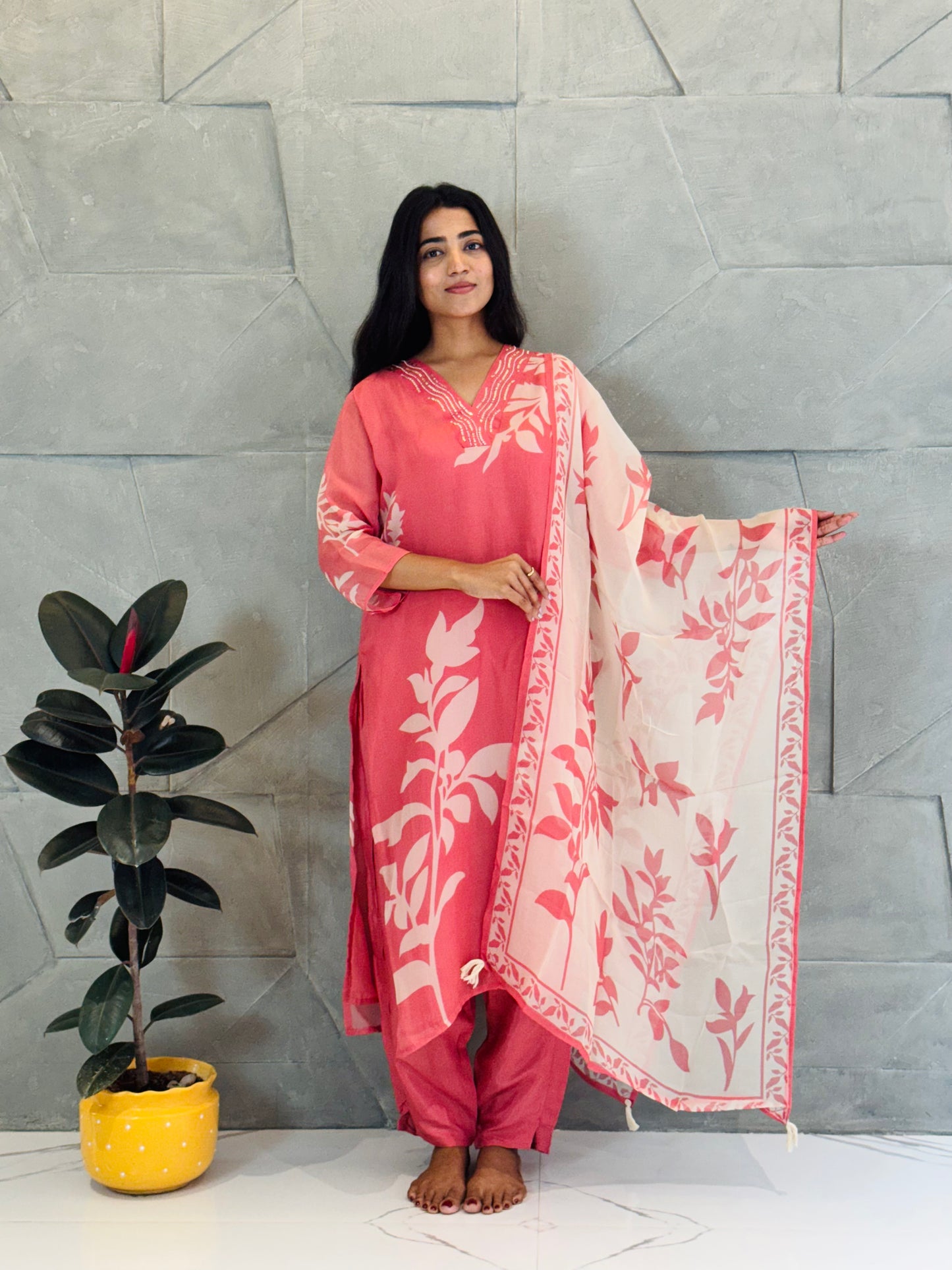 Pastel Peach Printed Suit