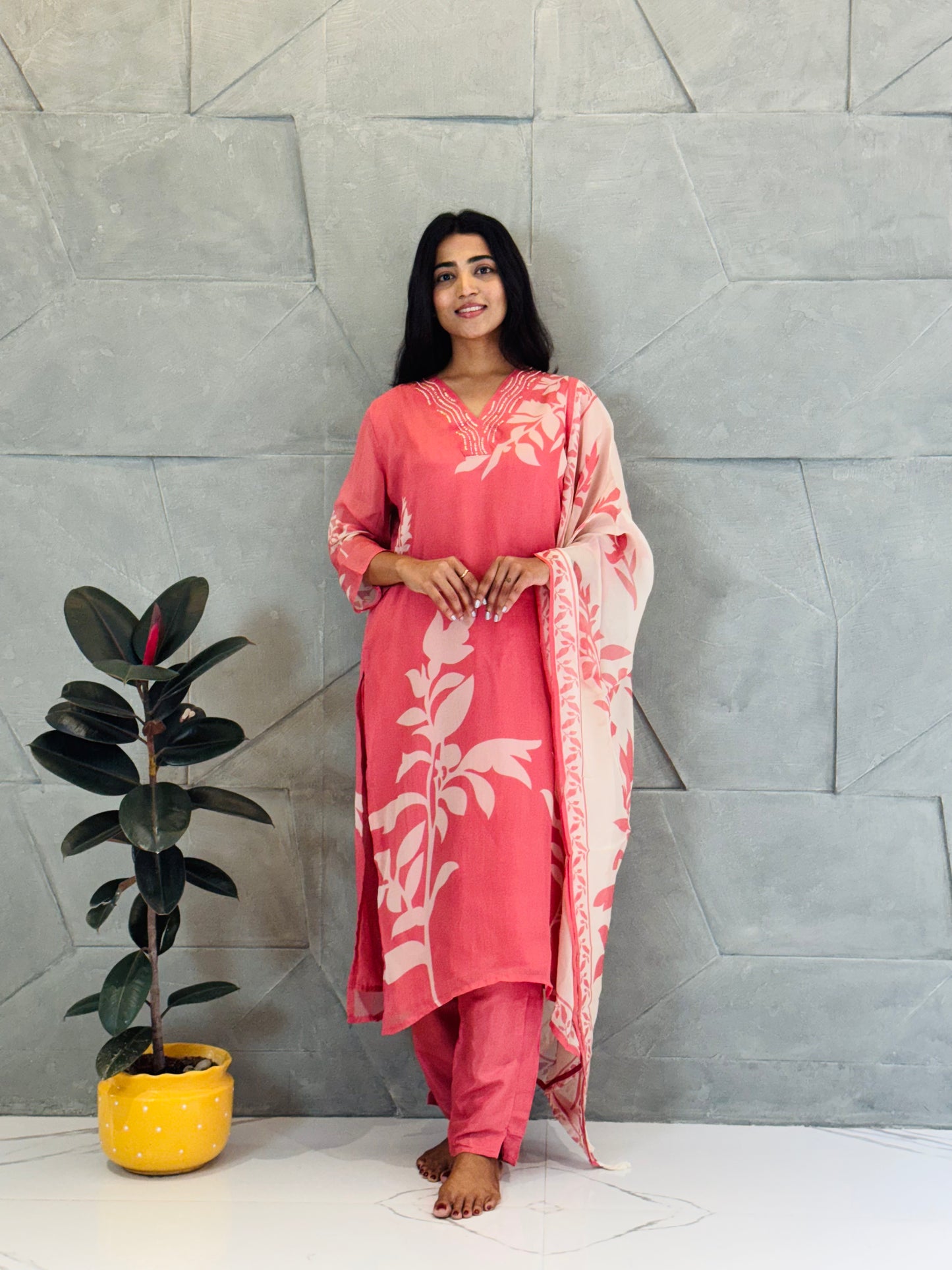 Pastel Peach Printed Suit