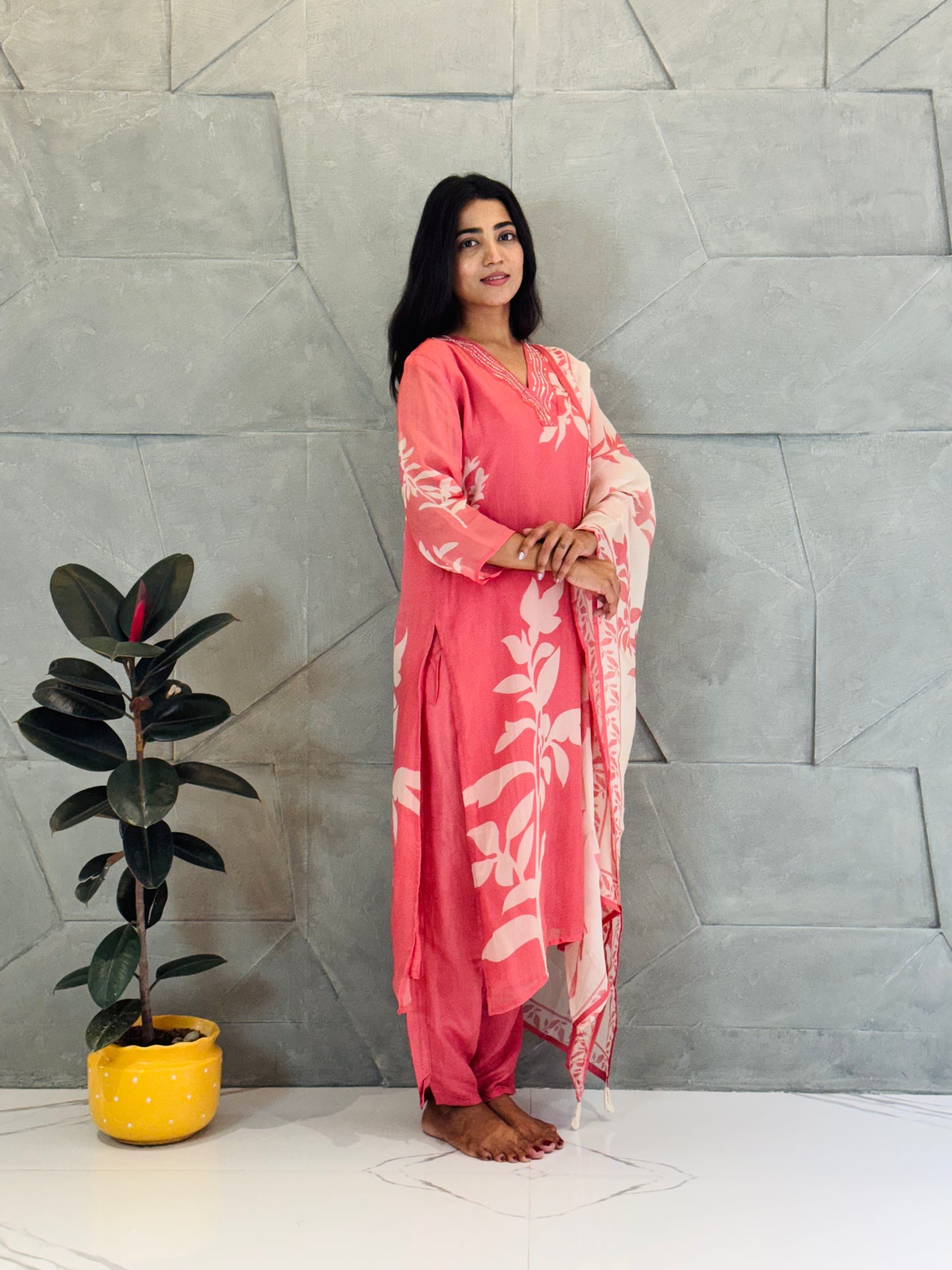 Pastel Peach Printed Suit