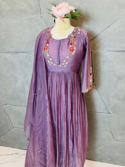 Lavender Mul Chanderi Anarkali Set