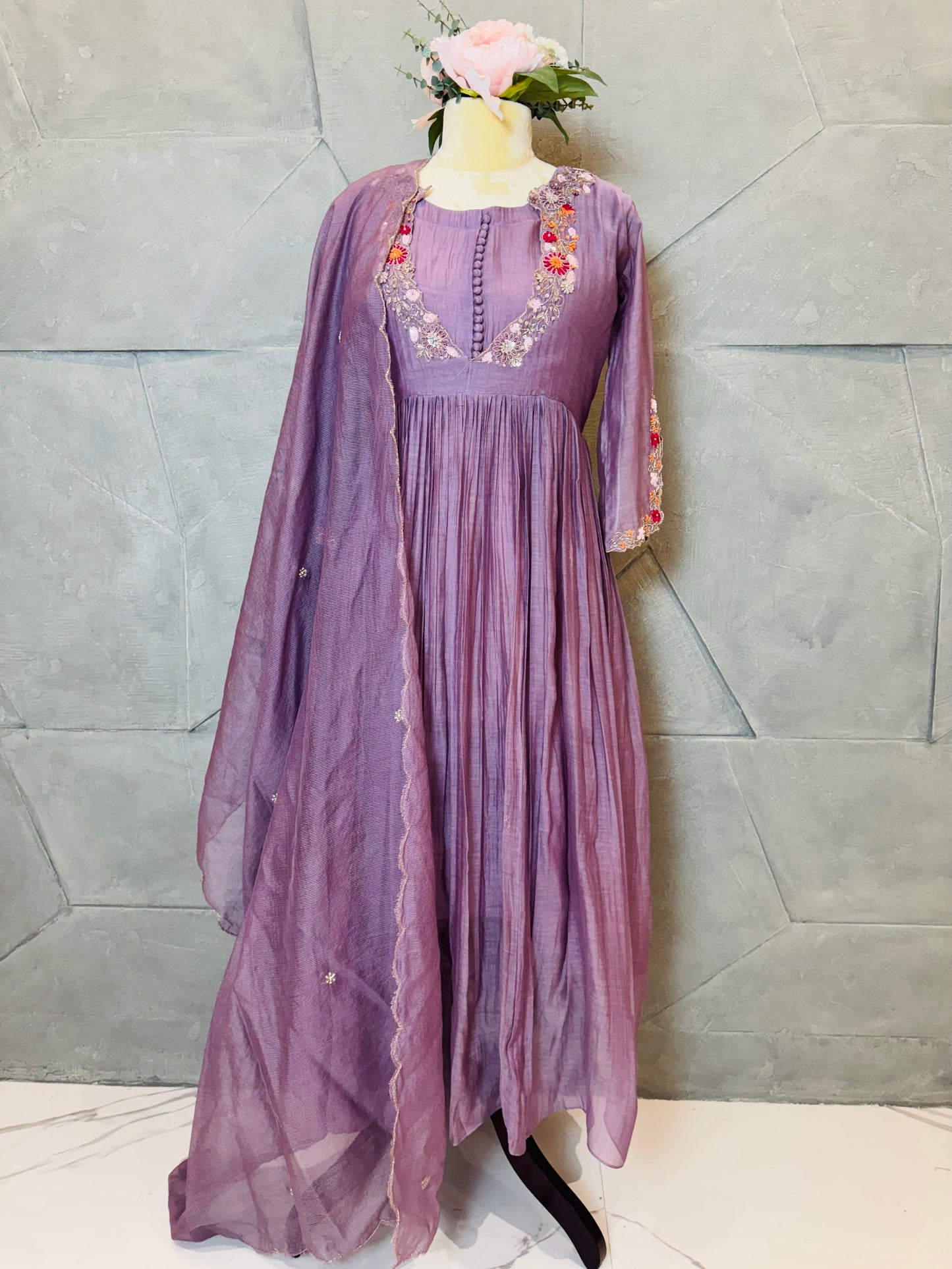 Lavender Mul Chanderi Anarkali Set