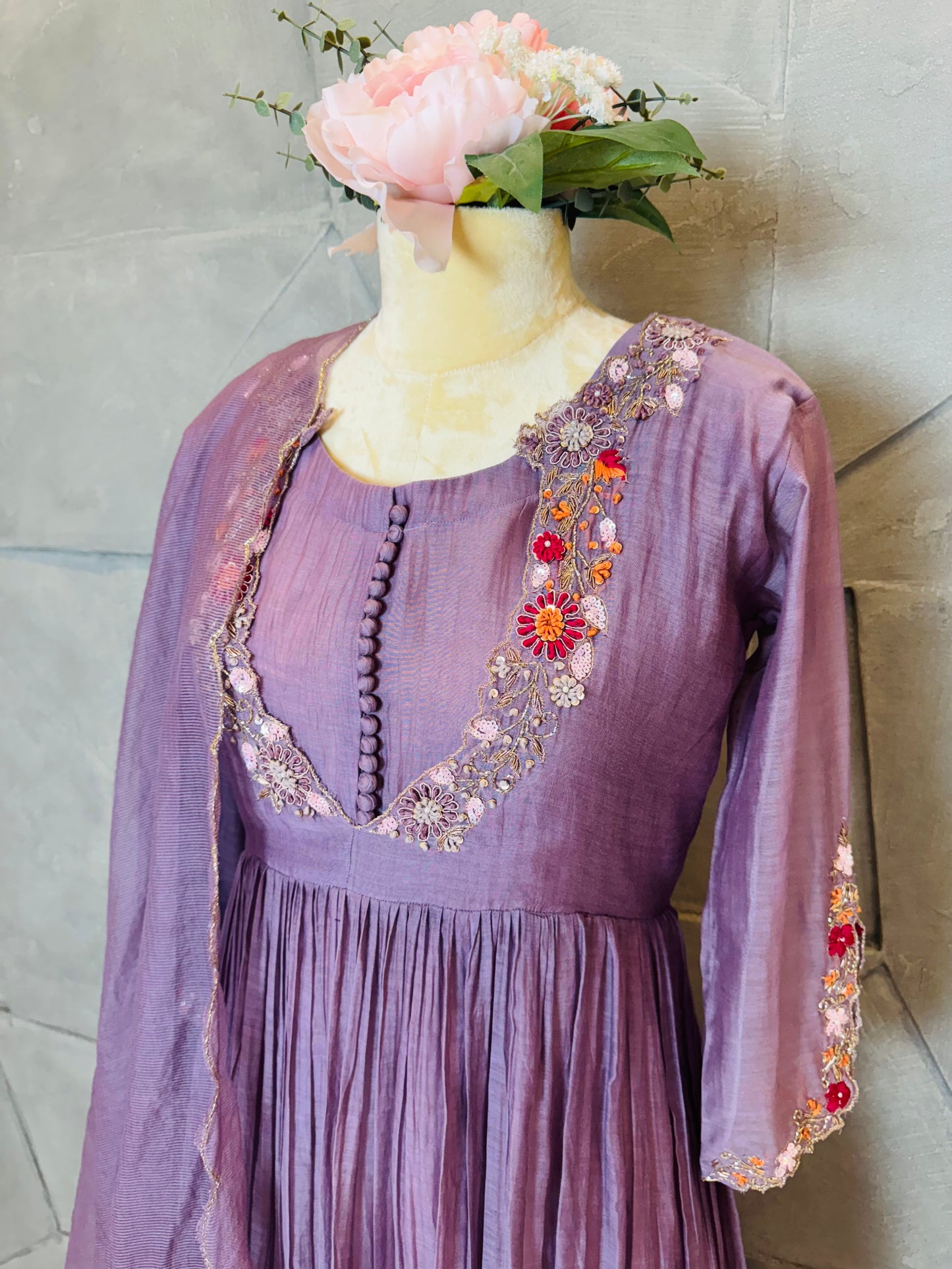 Lavender Mul Chanderi Anarkali Set