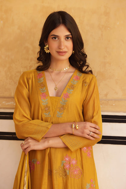 Mustard Mul Chanderi Kurta Set